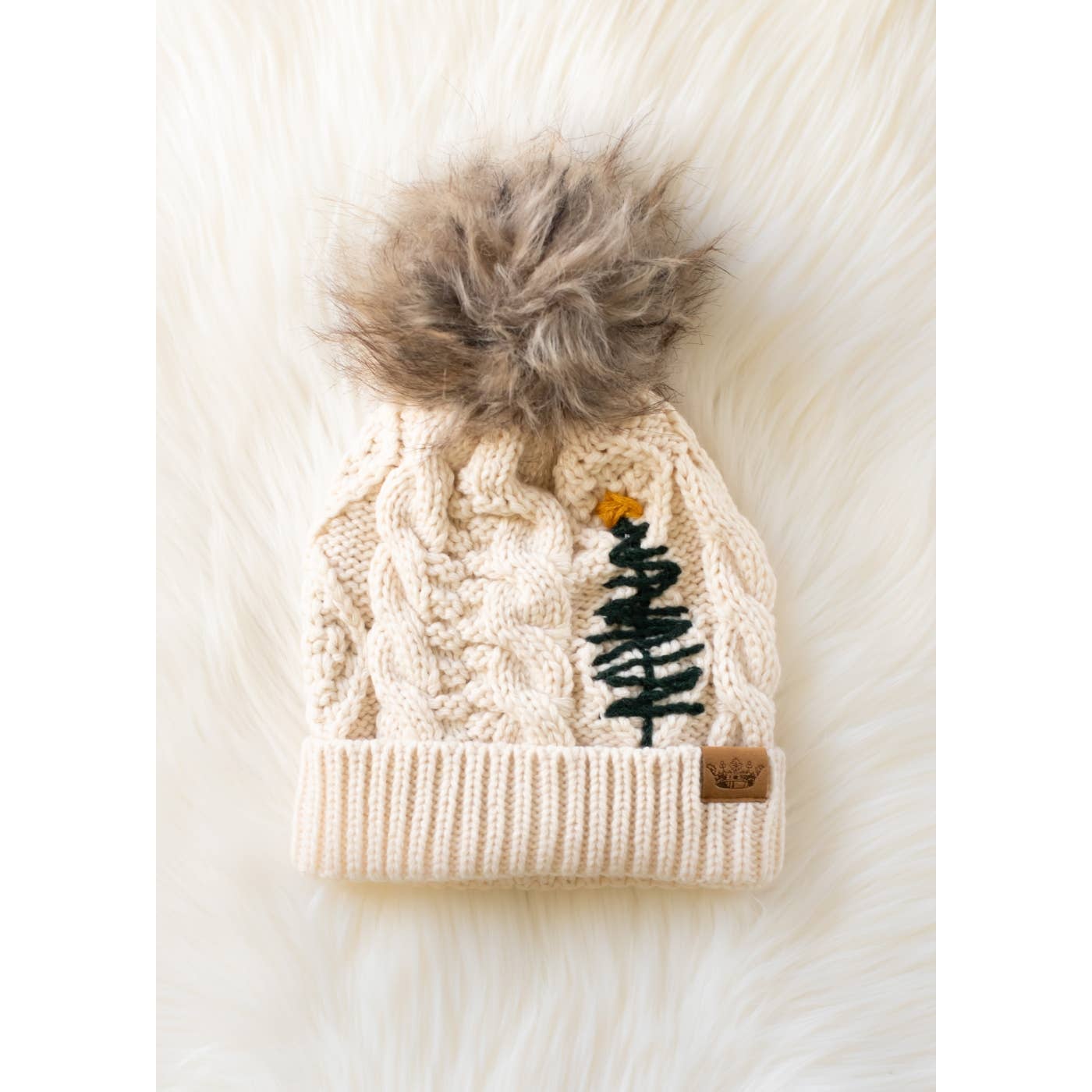 Beige Cable Knit Christmas Tree Pom Hat – Fleece Lined Winter Beanie