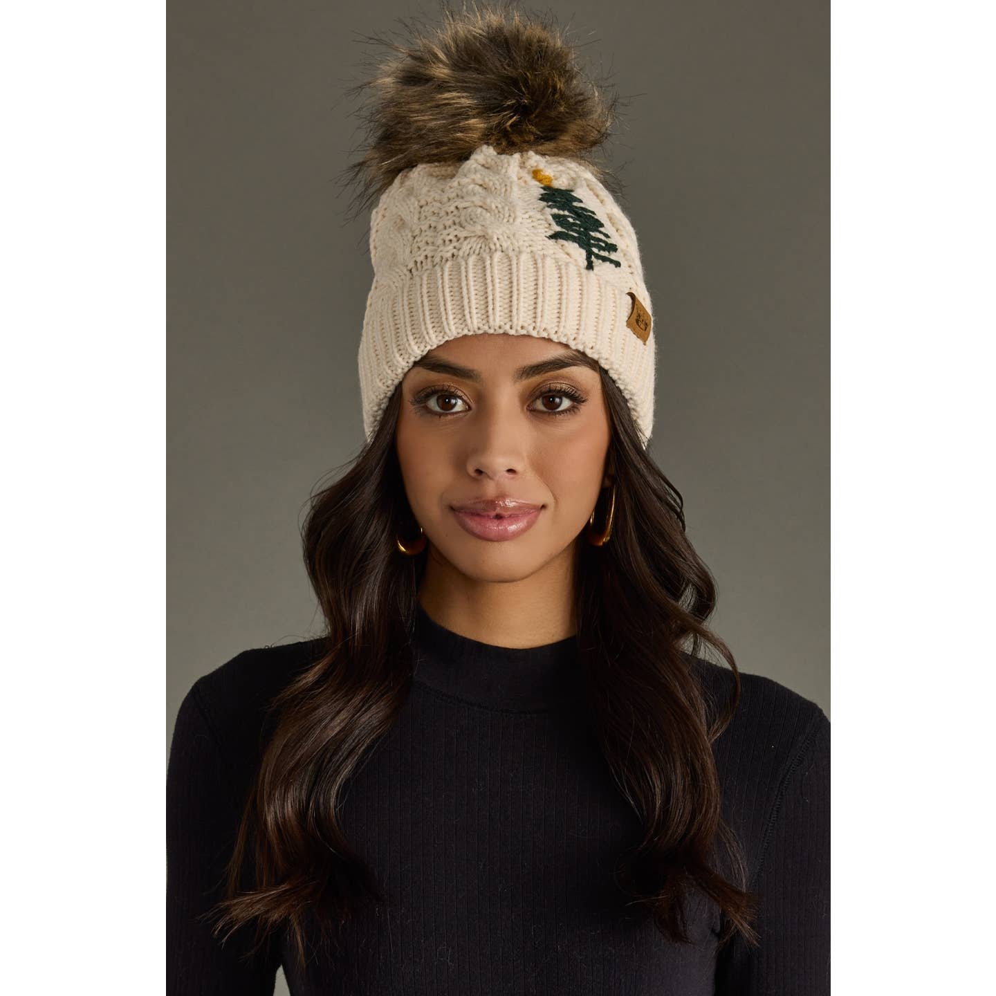 Beige Cable Knit Christmas Tree Pom Hat – Fleece Lined Winter Beanie