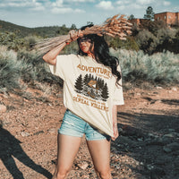 View of model in serial killer hiking tee — relaxed fit outdoorsy shirt with dark humor