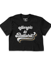 Black Allergic to Bullshit crop top with distressed white blue and rust vintage graphic