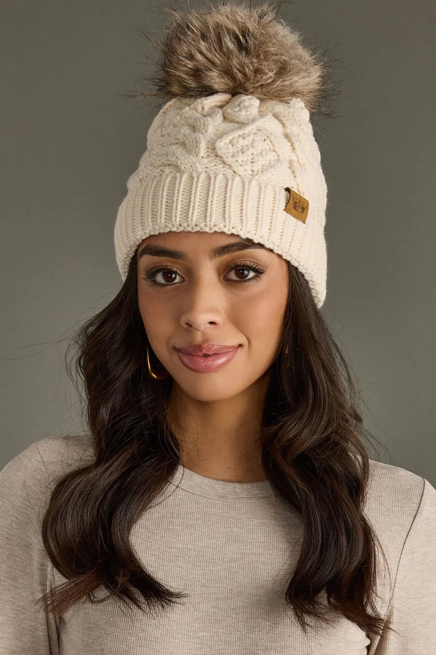 Beige Cable Knit Pom Beanie – Winter Hat with Faux Fur Pom | Holiday Gift