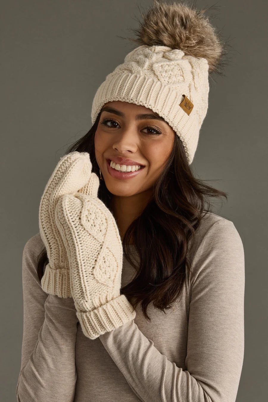 Beige Cable Knit Mittens – Fleece Lined Winter Gloves | Holiday Gift