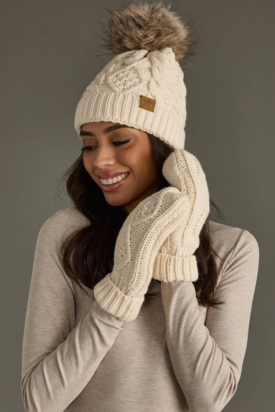 Beige Cable Knit Mittens – Fleece Lined Winter Gloves | Holiday Gift