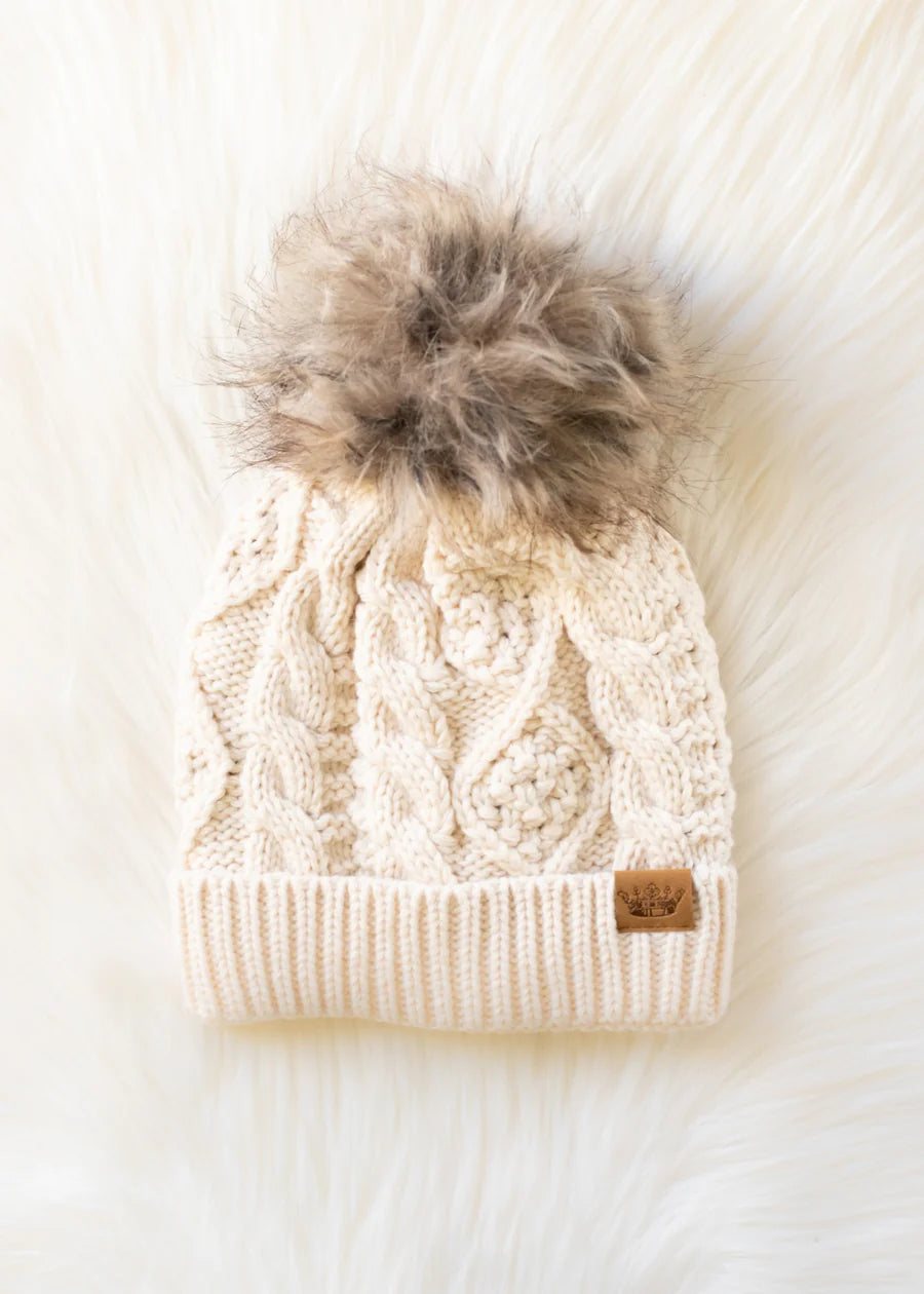 Beige Cable Knit Pom Beanie – Winter Hat with Faux Fur Pom | Holiday Gift