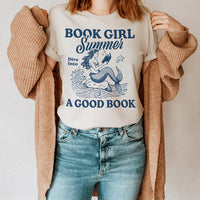 Model styled casually in reading-themed graphic tee — relaxed fit summer shirt for book lovers