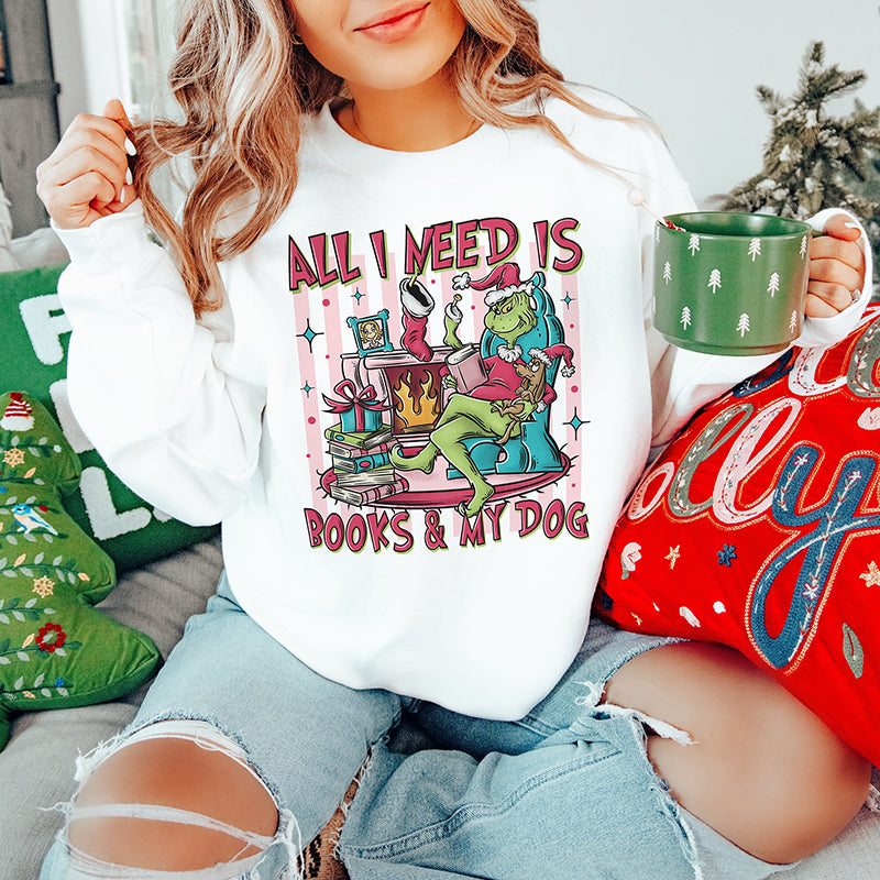 All I Need Is Books And My Dog Christmas Crewneck