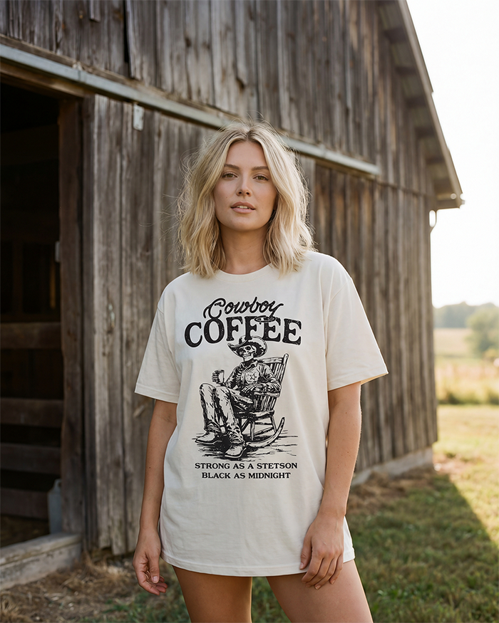 Woman wearing an ivory Cowboy Coffee Western graphic tee featuring a vintage skeleton cowboy drinking coffee.