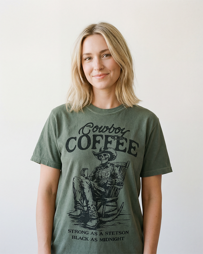 Woman wearing a moss Cowboy Coffee Western heavyweight tee with vintage skeleton cowboy and coffee graphic.