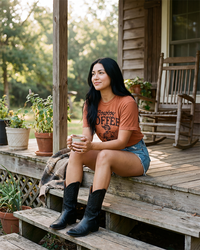 Woman wearing a yam Cowboy Coffee Western tee with black skeleton cowboy graphic, denim shorts and cowboy boots.
