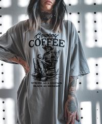 Model in Cowboy Coffee t-shirt in grey — unisex fit western tee for women