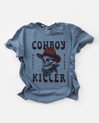 Blue Jean Cowboy Killer heavyweight tee featuring a distressed vintage cowboy skull and Western rebel graphic.