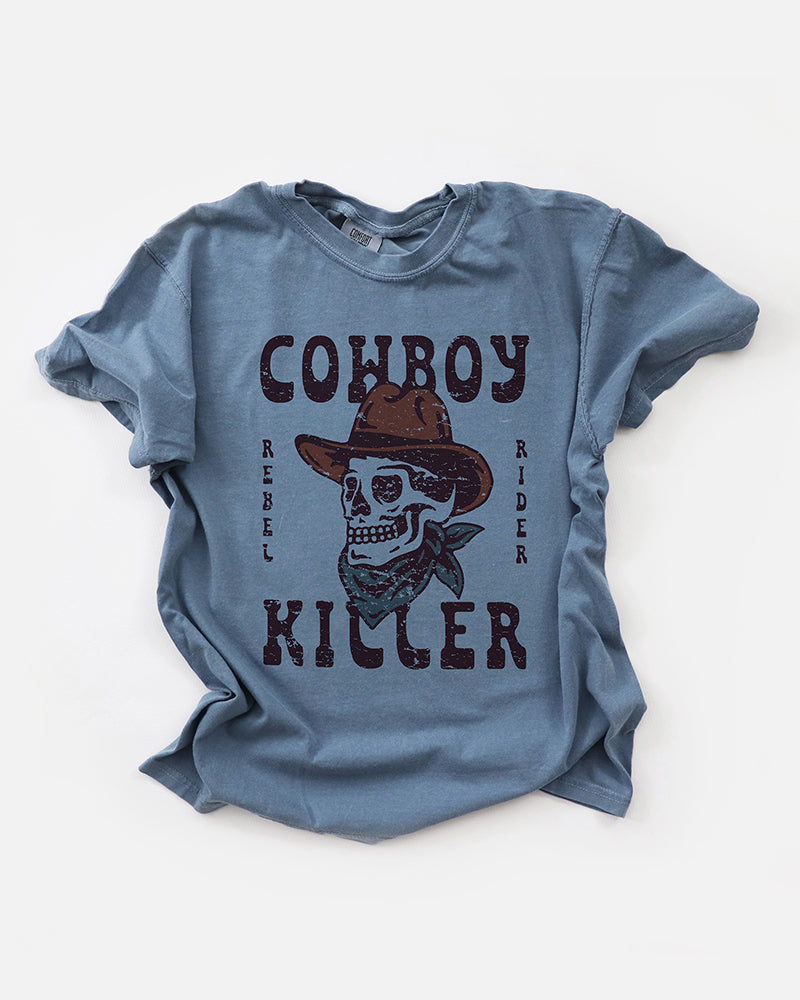 Blue Jean Cowboy Killer heavyweight tee featuring a distressed vintage cowboy skull and Western rebel graphic.