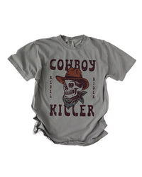 Grey Cowboy Killer heavyweight graphic tee featuring a cowboy skull in a hat and bandana with distressed lettering.