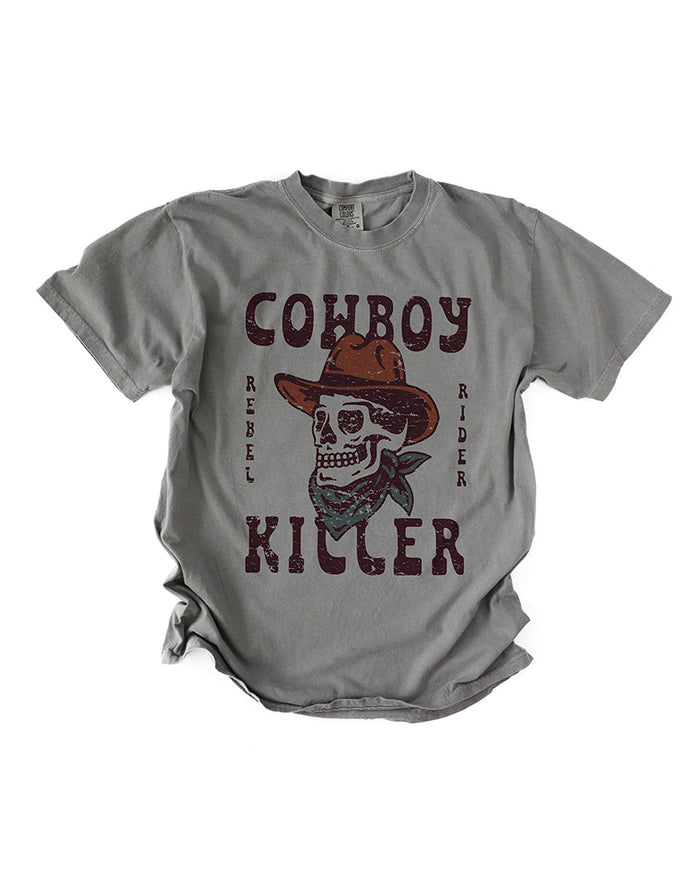 Grey Cowboy Killer heavyweight graphic tee featuring a cowboy skull in a hat and bandana with distressed lettering.