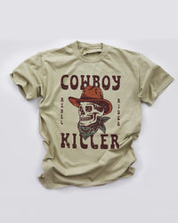 Sandstone Cowboy Killer Western heavyweight tee with distressed cowboy skull, hat and bandana graphic.