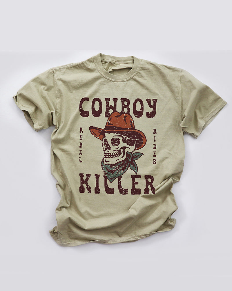 Sandstone Cowboy Killer Western heavyweight tee with distressed cowboy skull, hat and bandana graphic.