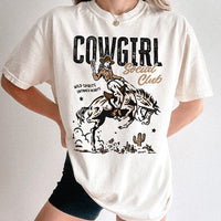 Modeled photo of Cowgirl Social Club shirt — relaxed fit cowgirl tee with vintage design