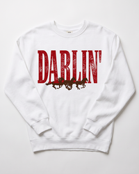 White Darlin' Western horse crewneck sweatshirt with distressed red lettering and brown running horse graphic.