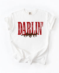 White Darlin' Western horse heavyweight tee with distressed red lettering and brown running horse graphic.