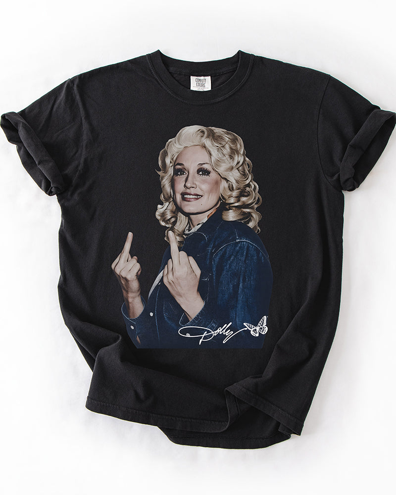 Black Dolly Parton flipping the bird heavyweight graphic tee