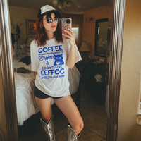 Model wearing Coffee Spelled Backwards tee in white — funny caffeine graphic t-shirt for women
