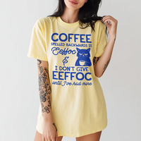 Model in banana-colored coffee tee — relaxed fit espresso lover shirt with sarcastic saying

