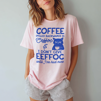 Model wearing blossom EEFFOC tee — soft garment-dyed coffee t-shirt with funny graphic