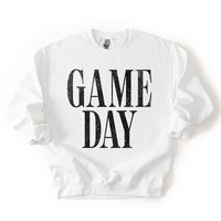 White Game Day sweatshirt — minimalist football sweatshirt with bold black text, unisex fleece crewneck.