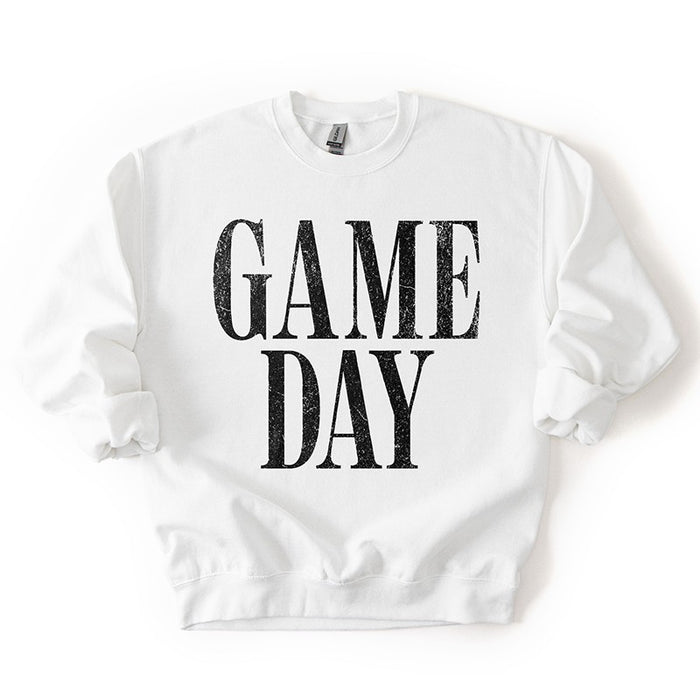 White Game Day sweatshirt — minimalist football sweatshirt with bold black text, unisex fleece crewneck.