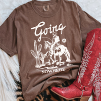 Flat lay of espresso cowboy graphic tee — country western shirt for free-spirited women