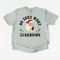 Bay “He Sees What You’ve Been Reading” vintage Santa tee – cozy book lover Christmas shirt