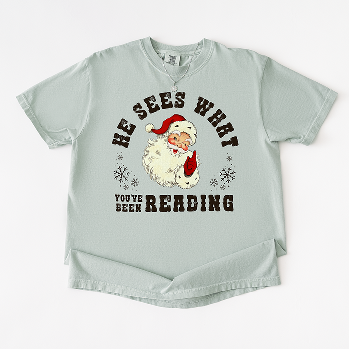 Bay “He Sees What You’ve Been Reading” vintage Santa tee – cozy book lover Christmas shirt