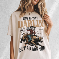 Close-up of Life Is Tuff Darlin Tee — western graphic tee on ivory cotton shirt