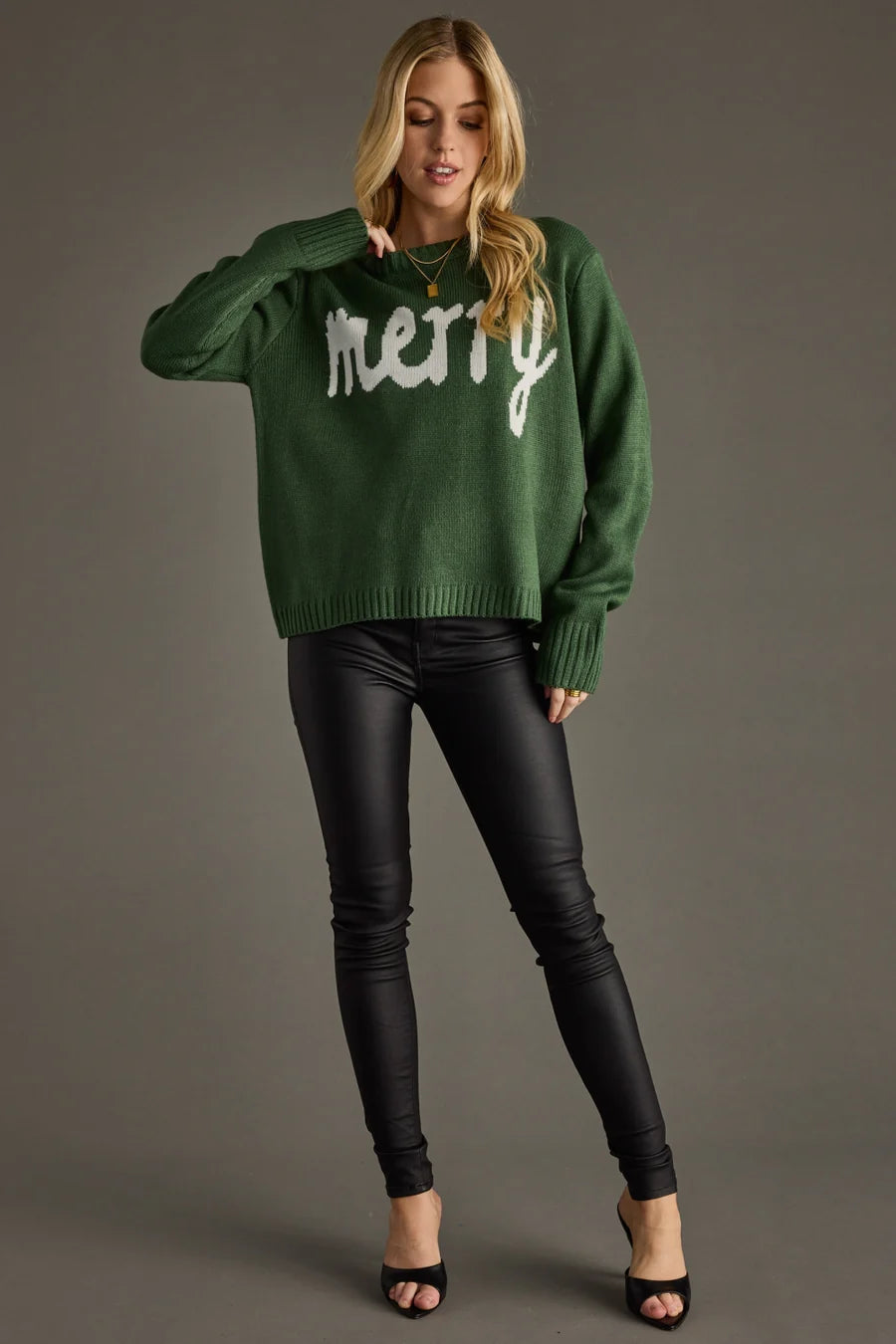 Merry Sweater – Hunter Green Knit Pullover | Christmas Holiday Outfit