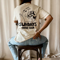 Back view of model in ivory tee — unisex coffee graphic shirt