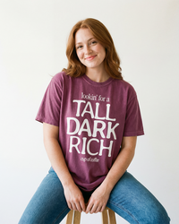 Tall Dark Rich Cup of Coffee heavyweight graphic tee in Berry on female model