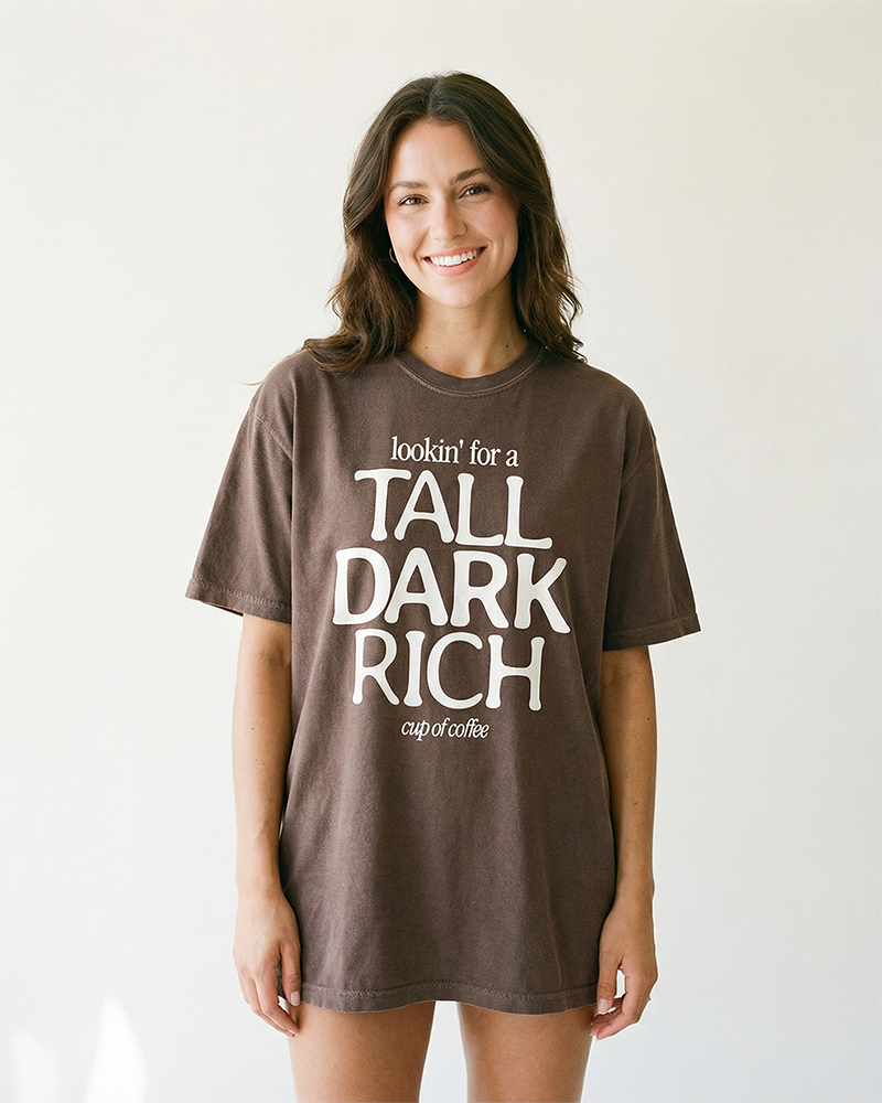 Tall Dark Rich Cup of Coffee graphic t-shirt in Espresso garment-dyed heavyweight cotton