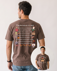 Man wearing an espresso brown The One Where It's Thanksgiving heavyweight T-shirt with blue denim jeans, featuring colorful Friends-inspired front and back graphics.
