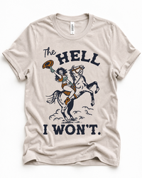 Dust The Hell I Won't Western cowgirl graphic tee with vintage cowgirl riding a rearing horse design.