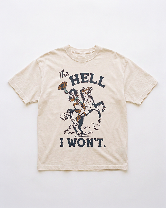Ivory The Hell I Won't heavyweight Western tee featuring original cowgirl and rearing horse artwork.