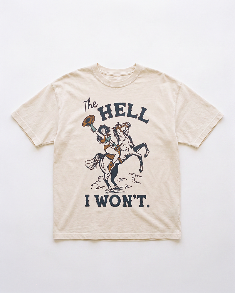Ivory The Hell I Won't heavyweight Western tee featuring original cowgirl and rearing horse artwork.