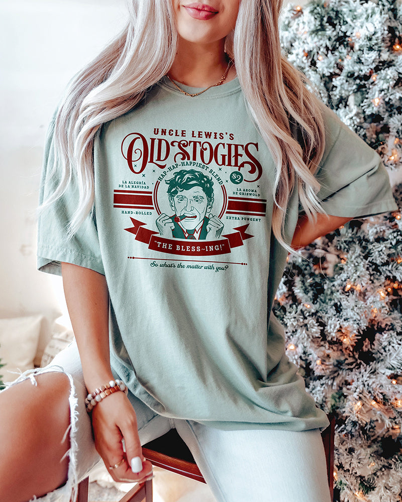 Woman wearing Uncle Lewis Old Stogies Christmas Vacation heavyweight graphic tee