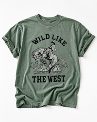 Sage Wild Like The West Western heavyweight tee featuring a cowboy on a bucking horse with desert scenery.