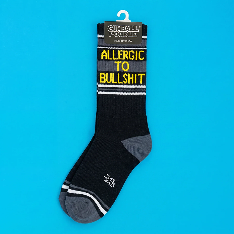 Allergic To Bullshit black gym socks in Gumball Poodle retail packaging