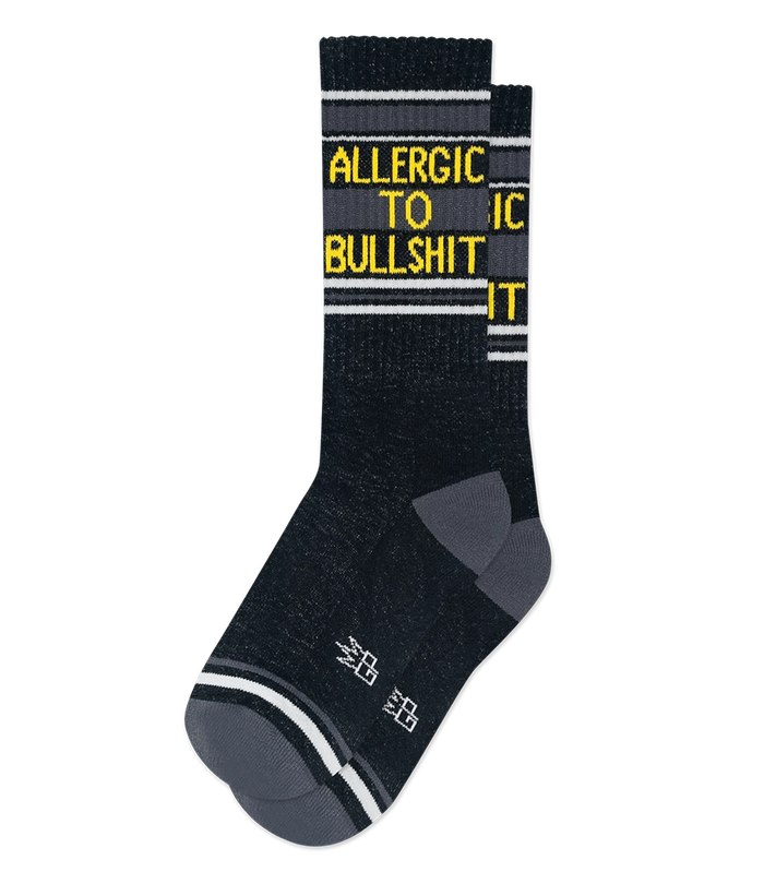Black Allergic To Bullshit cotton-blend gym socks with yellow text, white stripes, and gray heels