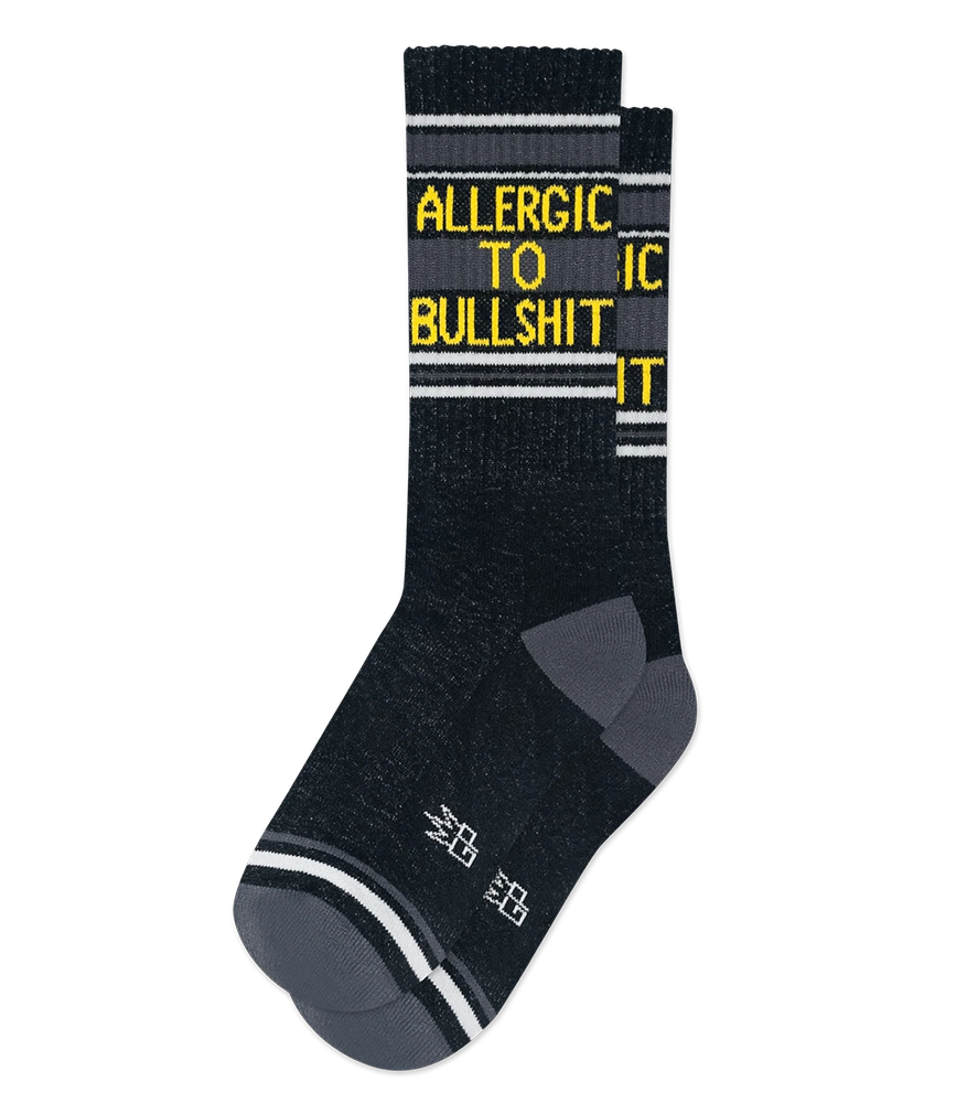 Black Allergic To Bullshit cotton-blend gym socks with yellow text, white stripes, and gray heels