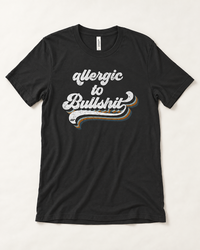 Black Allergic to Bullshit lightweight graphic tee with distressed retro blue rust and white design