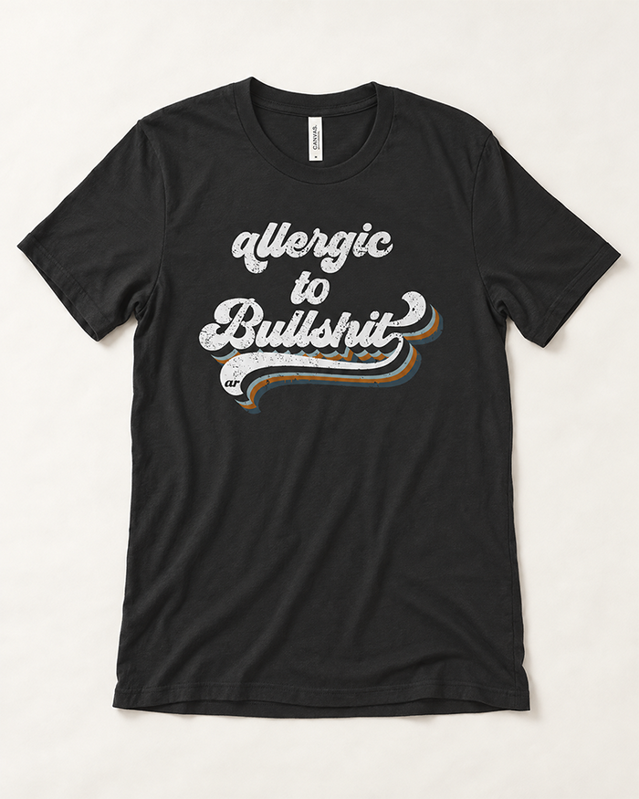 Black Allergic to Bullshit lightweight graphic tee with distressed retro blue rust and white design