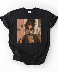 Black iced coffee and attitude graphic tee with retro photo print