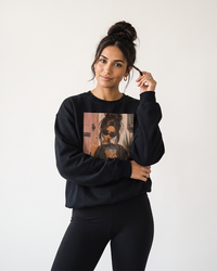 Woman wearing black iced coffee graphic crewneck sweatshirt with leggings